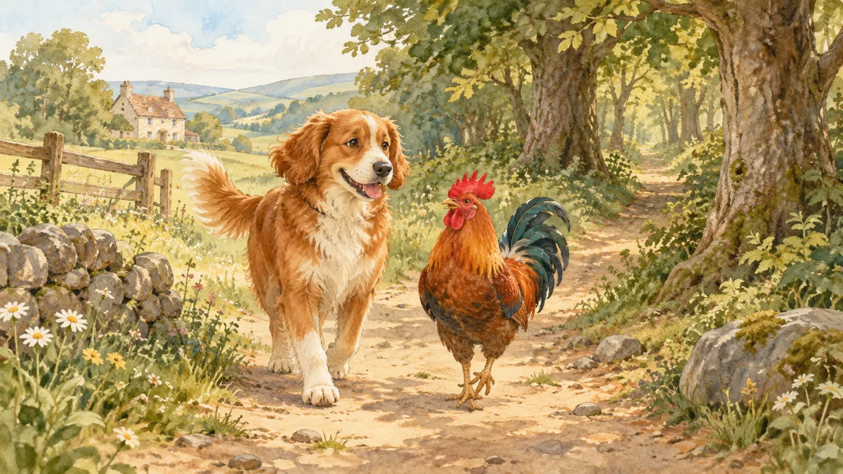 Un perro y un gallo caminan juntos por un camino rural que lleva hacia un bosque.