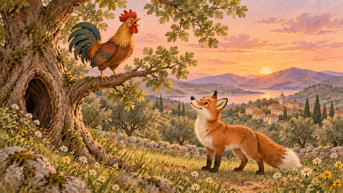 El gallo canta al amanecer desde una rama del árbol hueco mientras el zorro está abajo, mirando hacia arriba.
