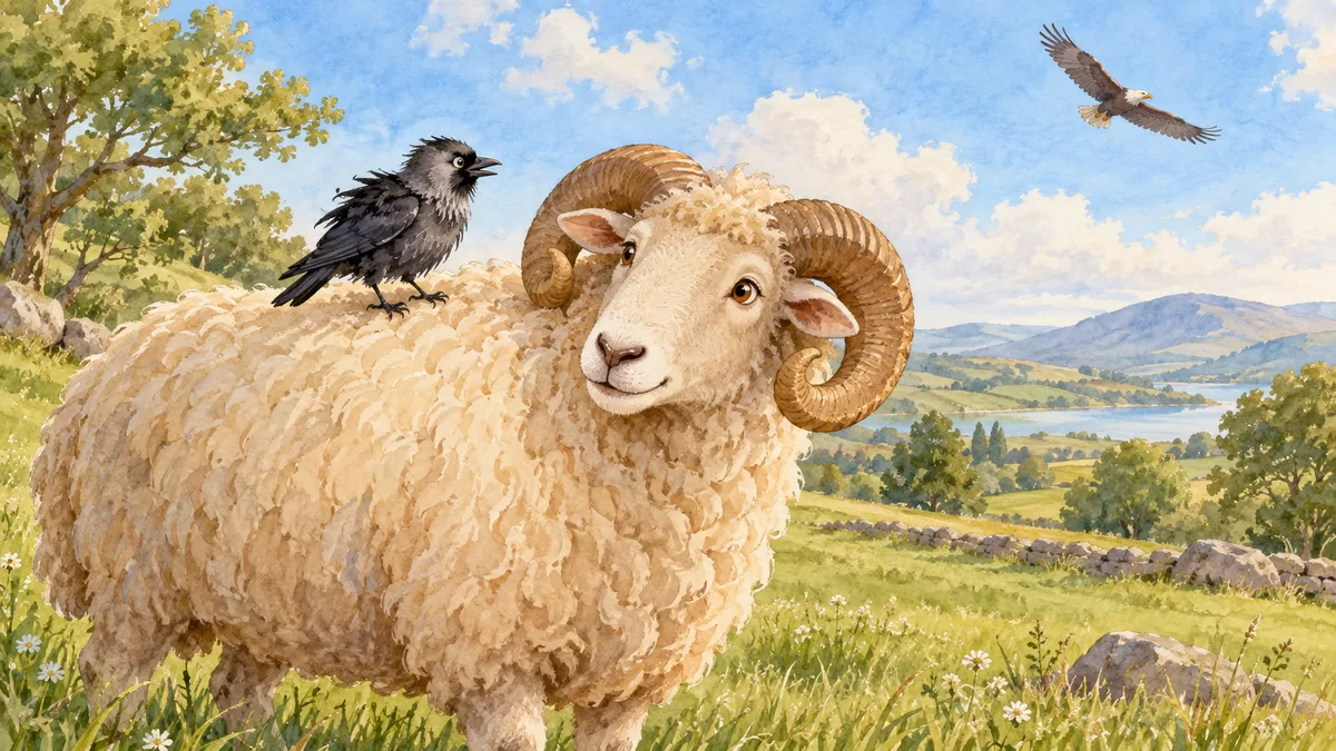 Una grajilla negra se posa sobre el lomo de un carnero lanudo en un prado verde, mientras un águila planea en el cielo azul.