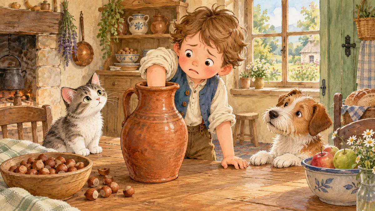 Un niño pequeño está junto a una mesa con la mano atascada en un cántaro de barro lleno de nueces, observado por un gato y un perro.