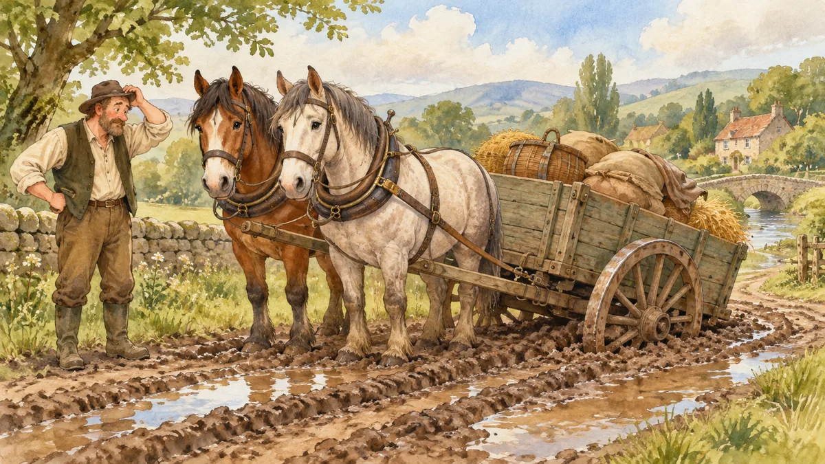 Un granjero se rasca la cabeza junto a sus dos caballos y un carro de madera cuya rueda se ha hundido en el barro de un camino rural.