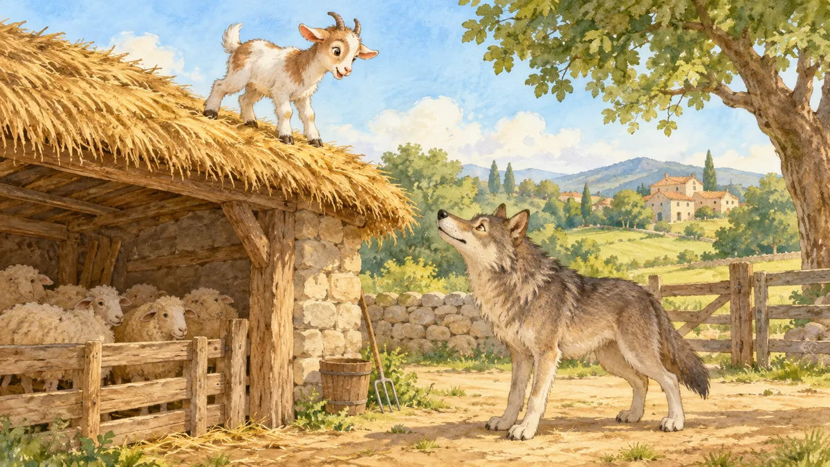 Un cabritillo se yergue sobre el tejado de paja de un cobertizo y bala hacia un lobo que lo mira desde el corral.