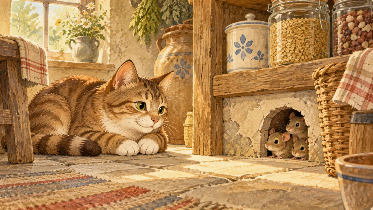 Uyanık bir kedi kilerin yanında yatarken ürkek fareler bir delikten bakıyor.