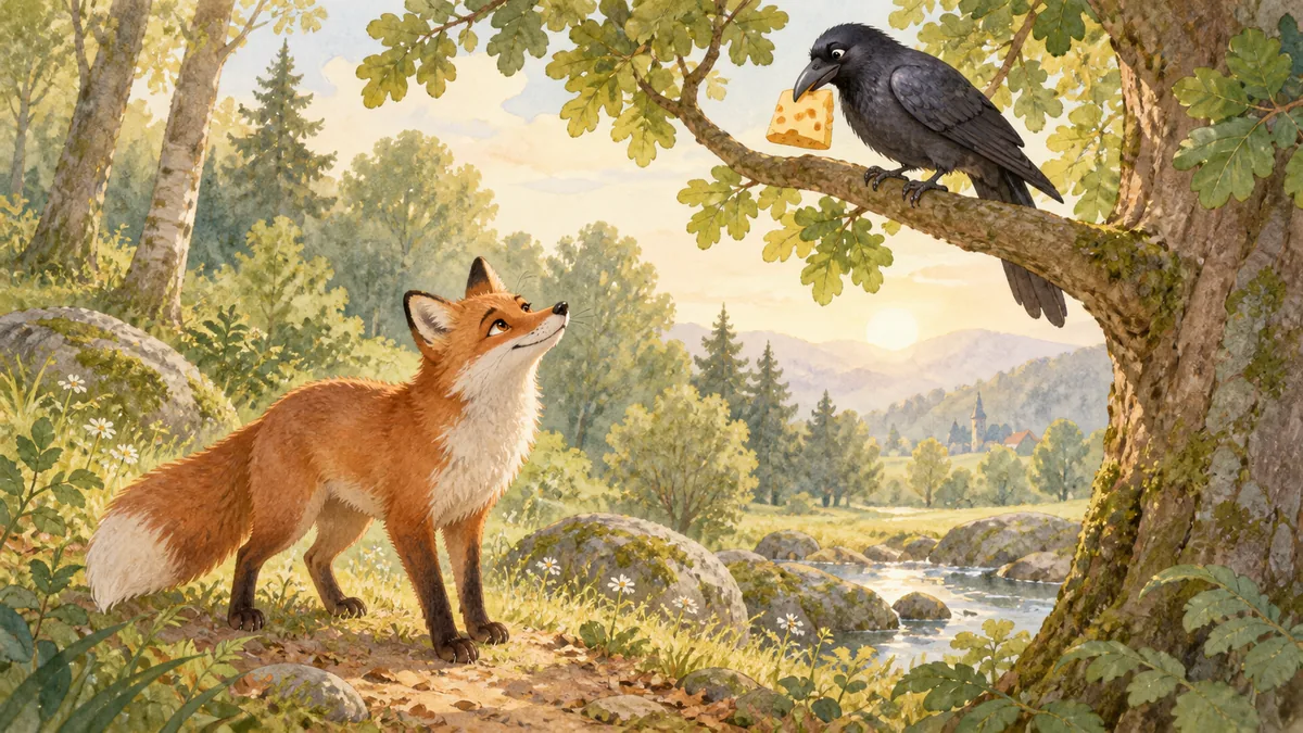 Ein schlauer Fuchs blickt schmeichelnd zu einer Krähe mit Käse im Schnabel hinauf.