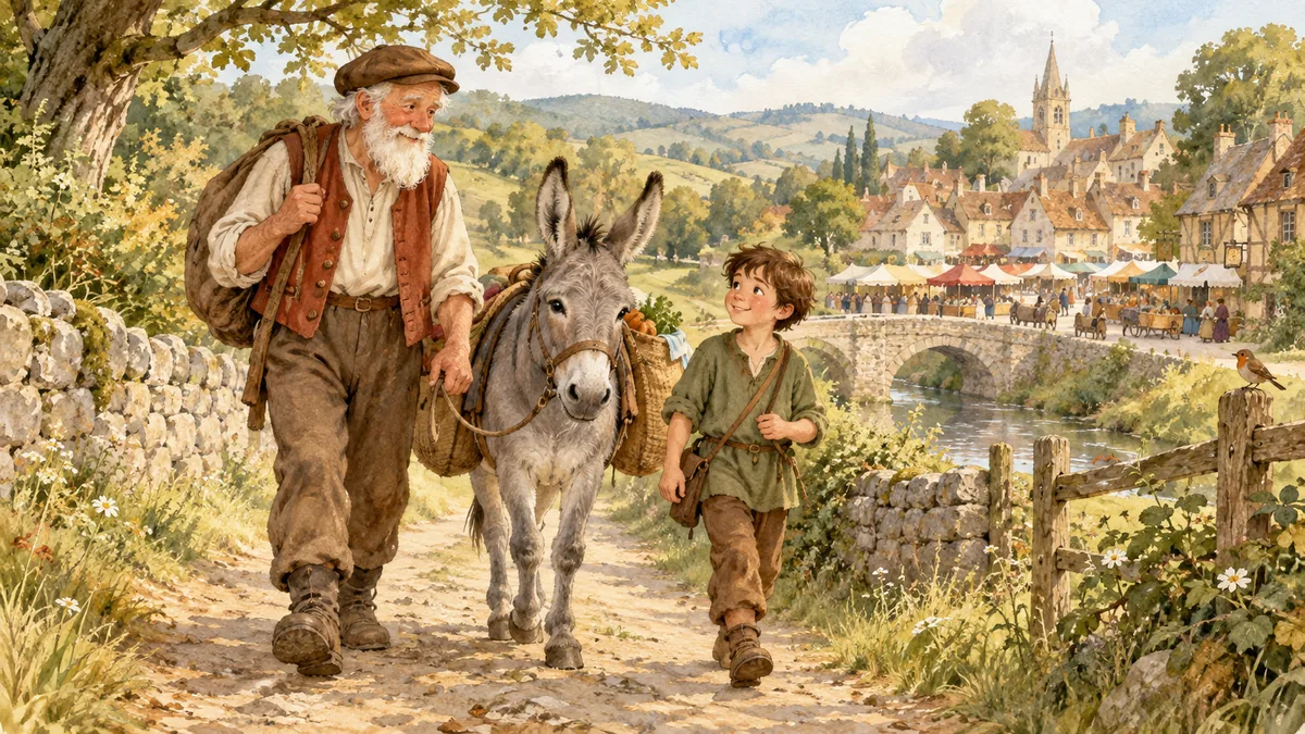 Ein alter Müller und sein Sohn gehen neben ihrem Esel zum Markt.