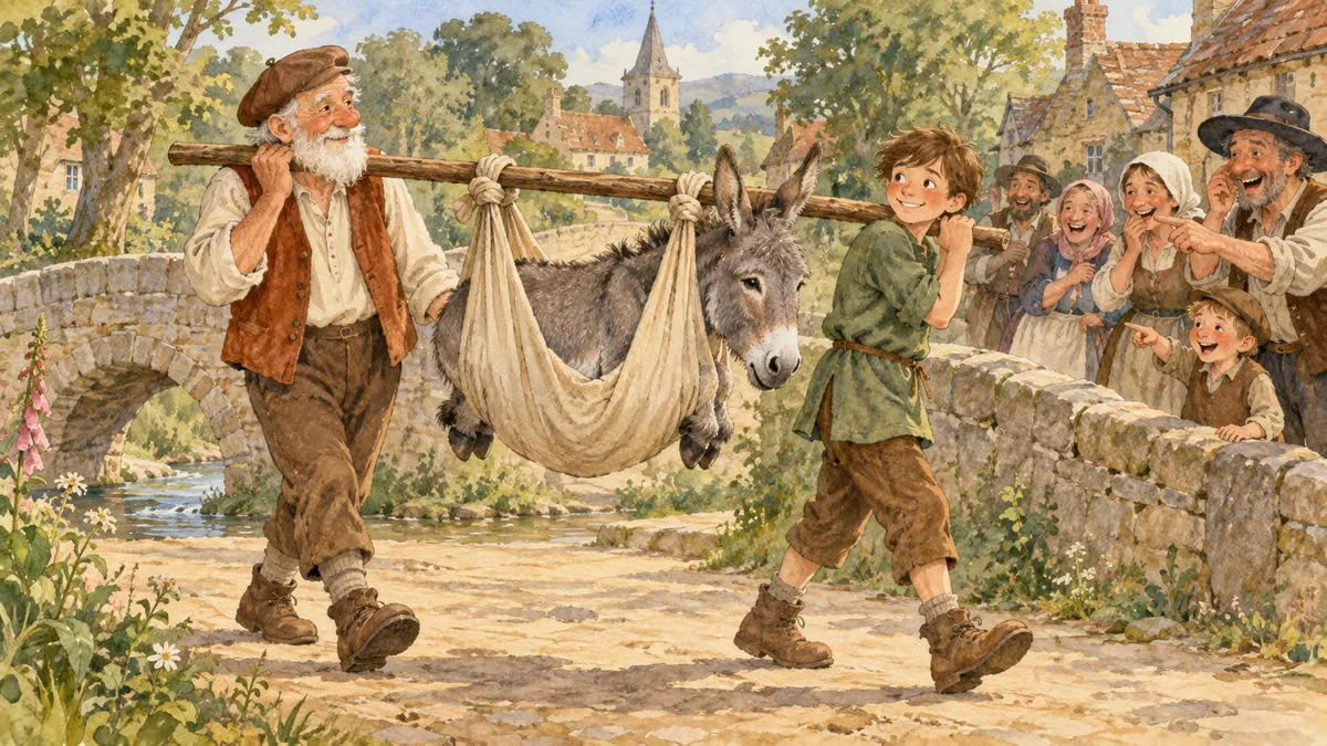 Müller und Sohn tragen den Esel an einer Stange, während Dorfleute lachen.