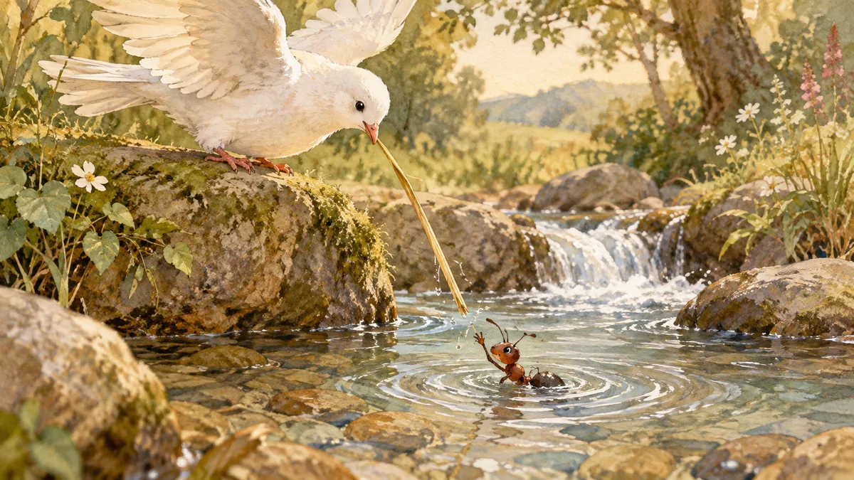 Eine sanfte Taube lässt einen Halm zu einer winzigen Ameise im Bach fallen.