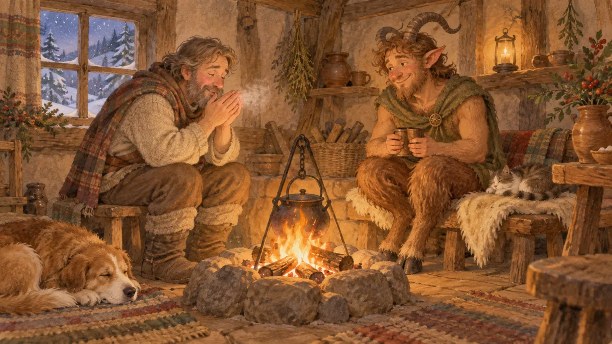 Ein Mann und ein Satyr sitzen am Feuer, während der Mann seine Hände anhaucht.
