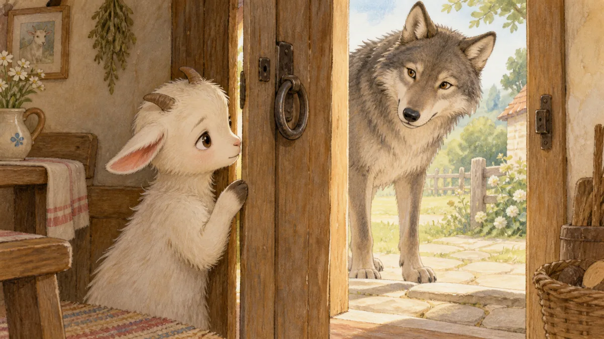 Ein Zicklein späht durch einen Türspalt auf einen draußen wartenden Wolf.