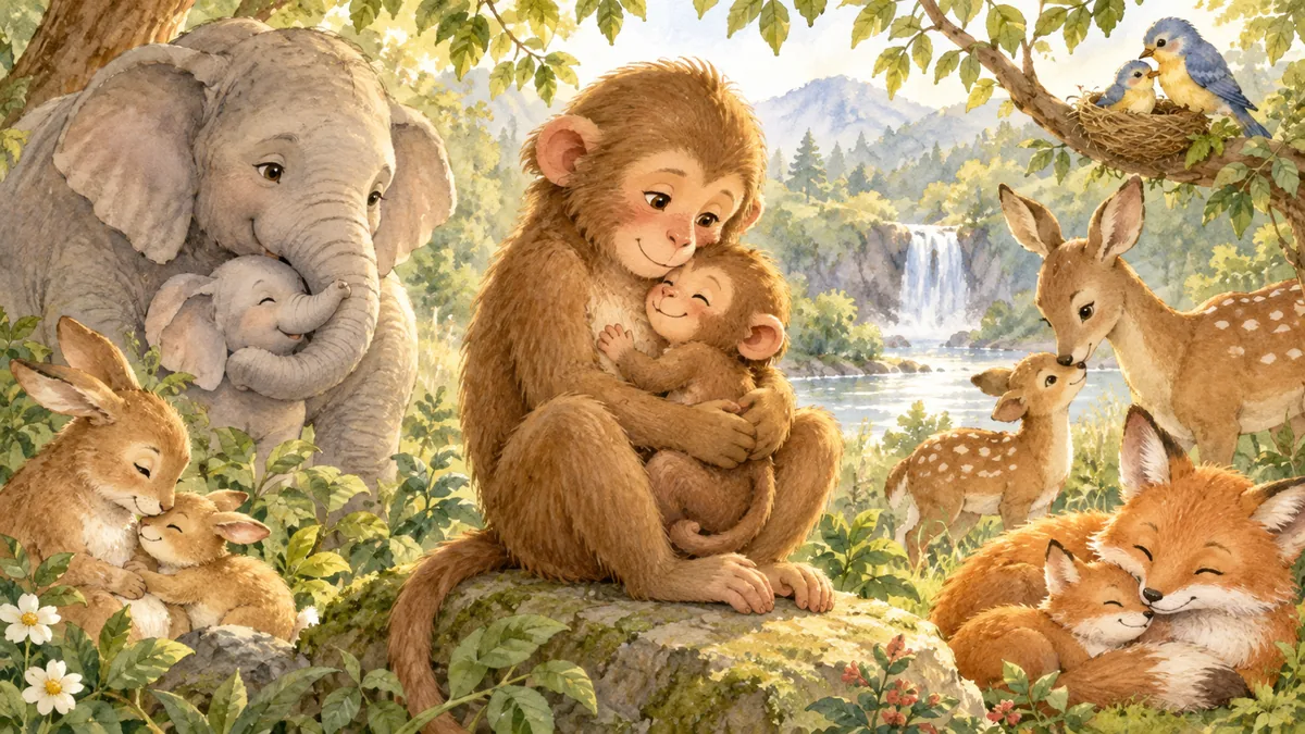 A mother monkey proudly cradles her baby among other animal families.