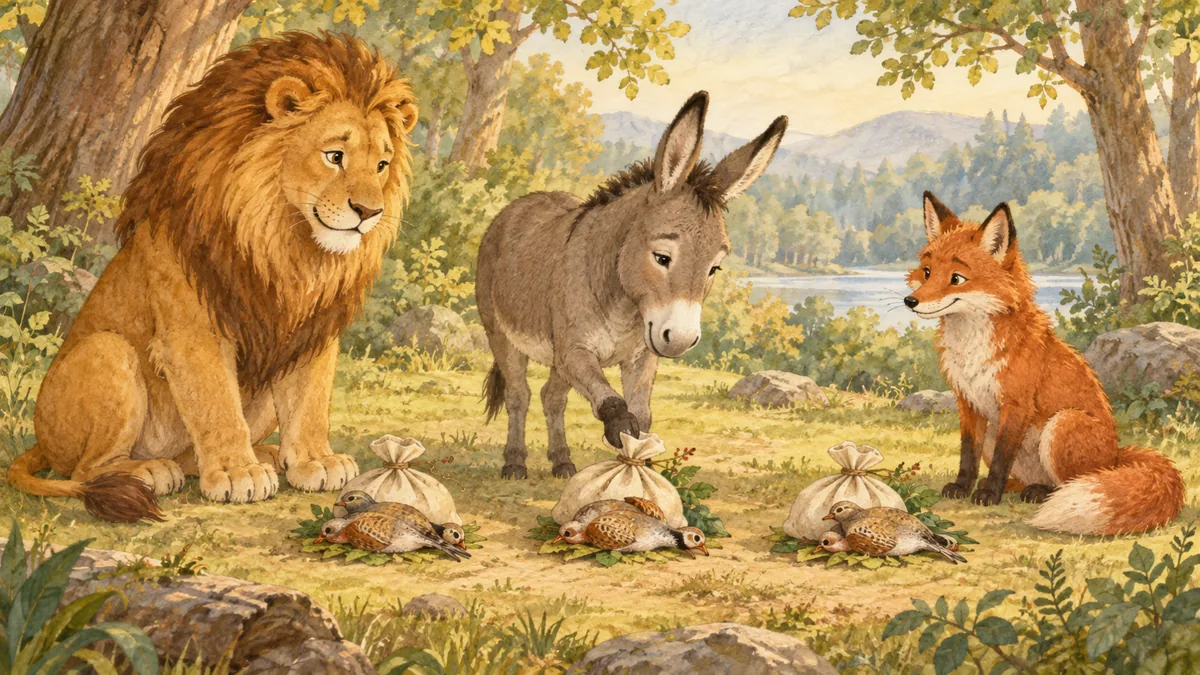 A lion, donkey and fox stand by a pile of game the donkey shares equally.