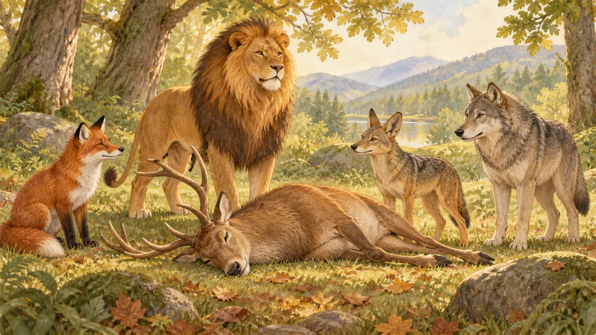 A lion stands proudly over a stag as fox, jackal and wolf look on.