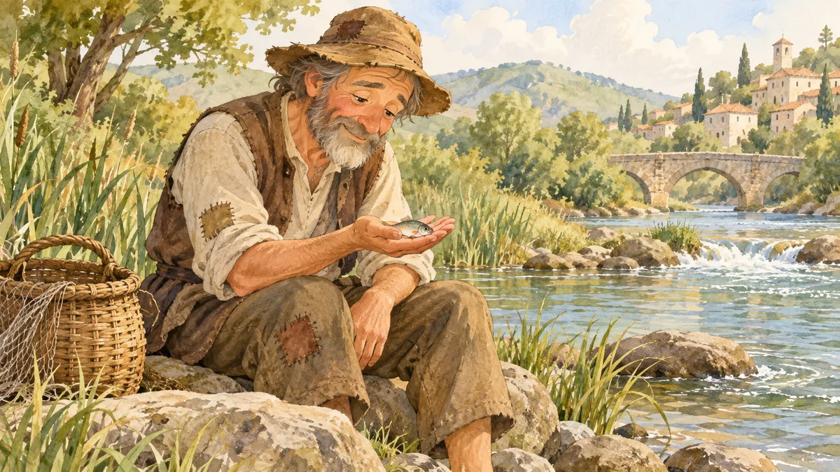 Ein armer Fischer am Fluss hält einen winzigen Fisch, den Korb neben sich.