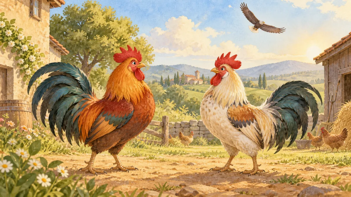 Zwei Hähne stehen sich im Hof gegenüber, während ein Adler oben kreist.