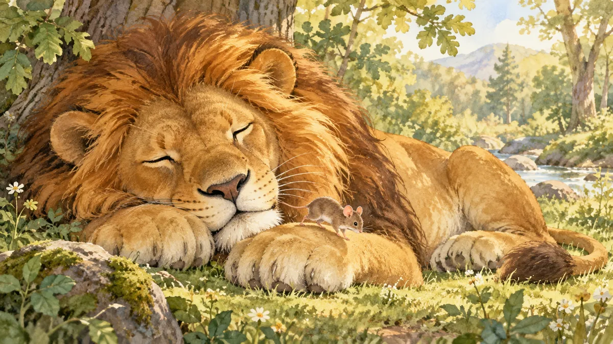 Un grande leone dorme in una radura soleggiata del bosco mentre un minuscolo topo bruno corre su una delle sue zampe.