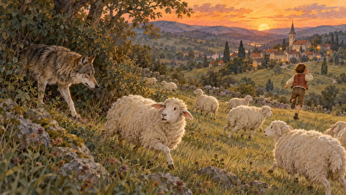 Al crepuscolo un lupo esce dai cespugli tra le pecore spaventate che si disperdono, mentre il pastorello corre verso il villaggio lontano.