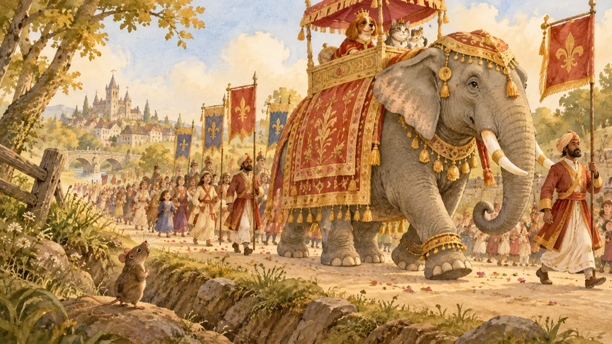Una diminuta rata orgullosa en una cuneta observa una gran procesión real encabezada por un enorme elefante con vistosos adornos que lleva una howdah con techo, un perrito y un gato.
