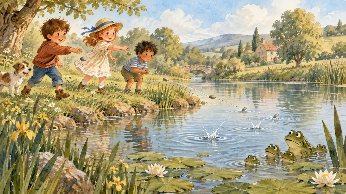 Unos niños hacen rebotar piedras en un estanque soleado mientras una familia de ranas observa con miedo desde el agua.