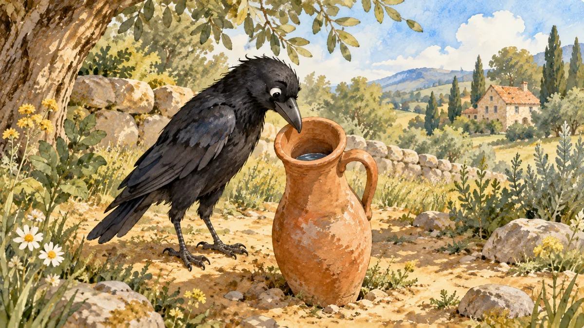 Un cuervo negro sediento inclina la cabeza junto a un cántaro alto y estrecho con un poco de agua.