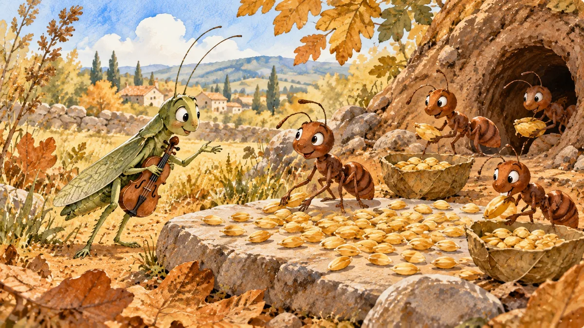 Un saltamontes con un violín suplica a una familia de hormigas que seca grano dorado al sol de otoño.