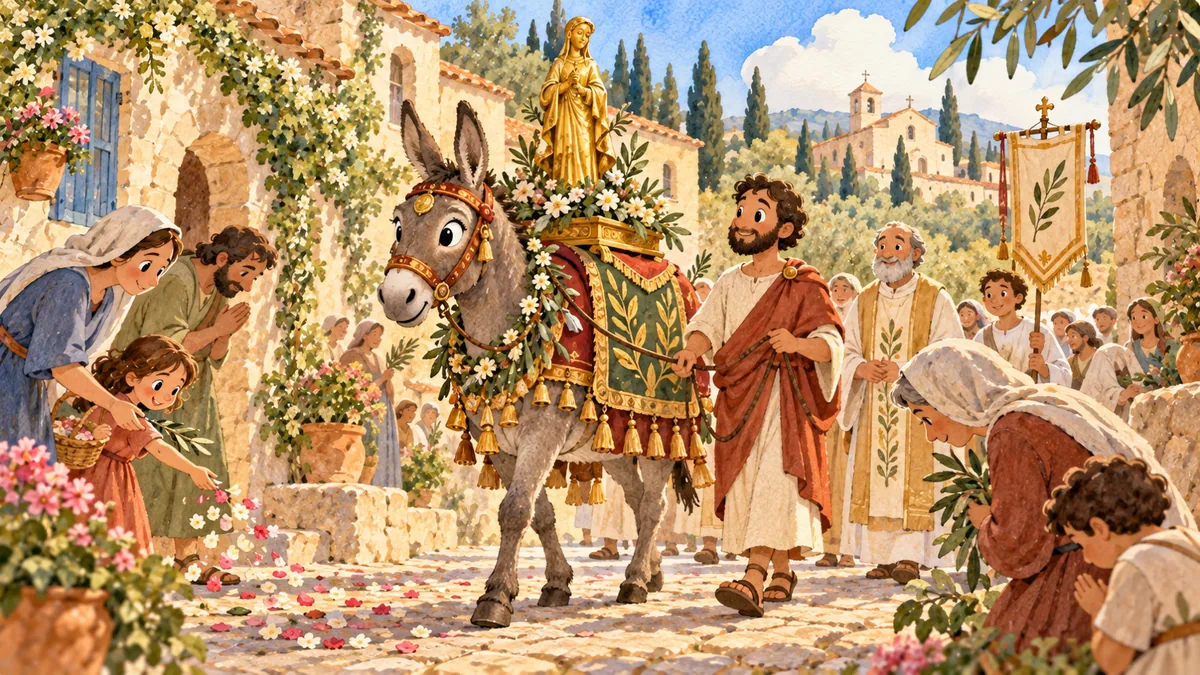 A garlanded donkey carries a sacred image through a street while people bow and robed figures follow.