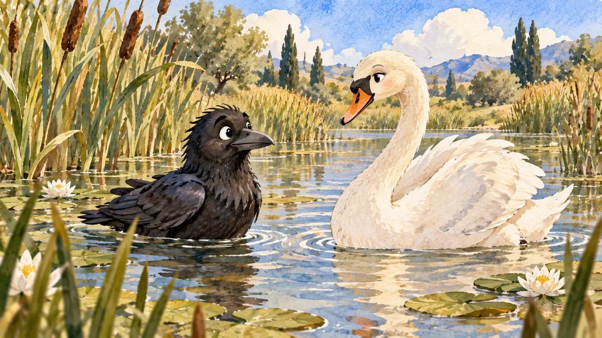 A glossy black raven paddles in a reedy marsh beside an elegant white swan.