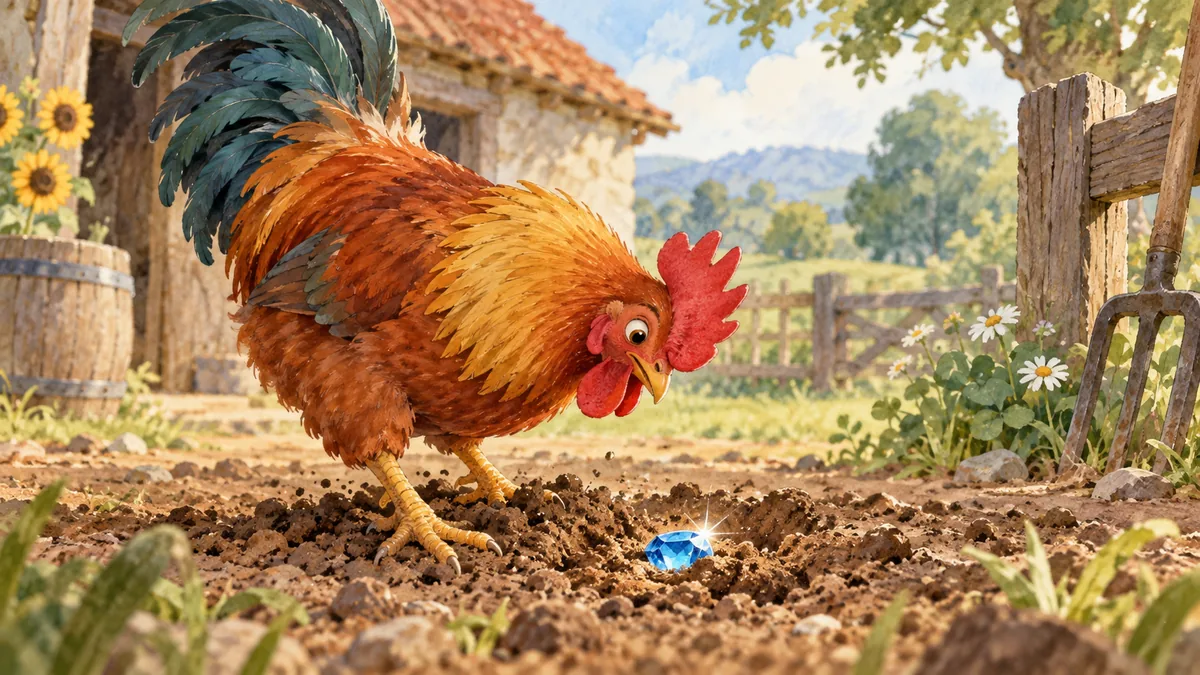 Un gallo que escarba en el corral descubre una pequeña joya brillante y no se muestra impresionado.
