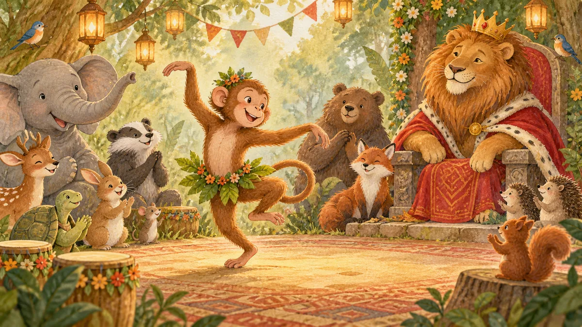 Un mono baila con gracia ante un rey león sentado y un círculo de animales encantados.