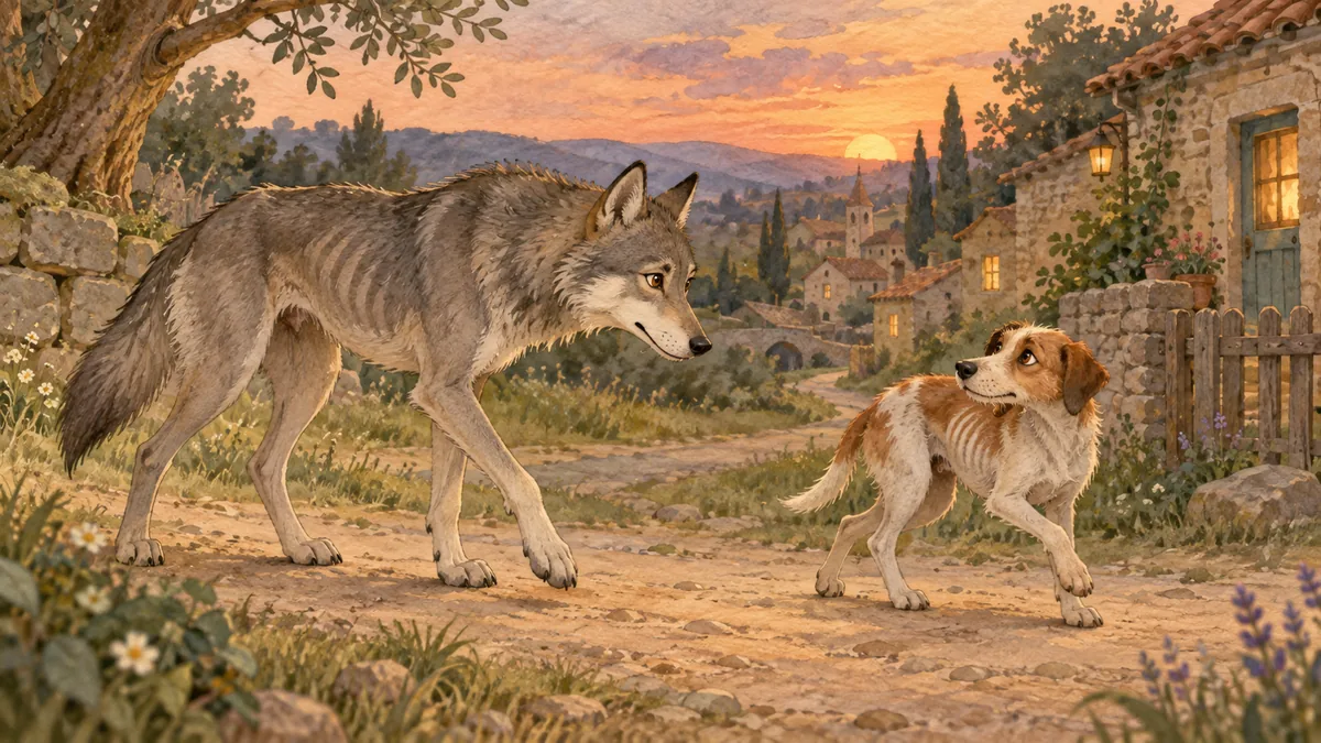 Zayıf, bir deri bir kemik bir köpek, gün batımının ışığında bir köy yolunda gri bir kurtla karşılaşır.