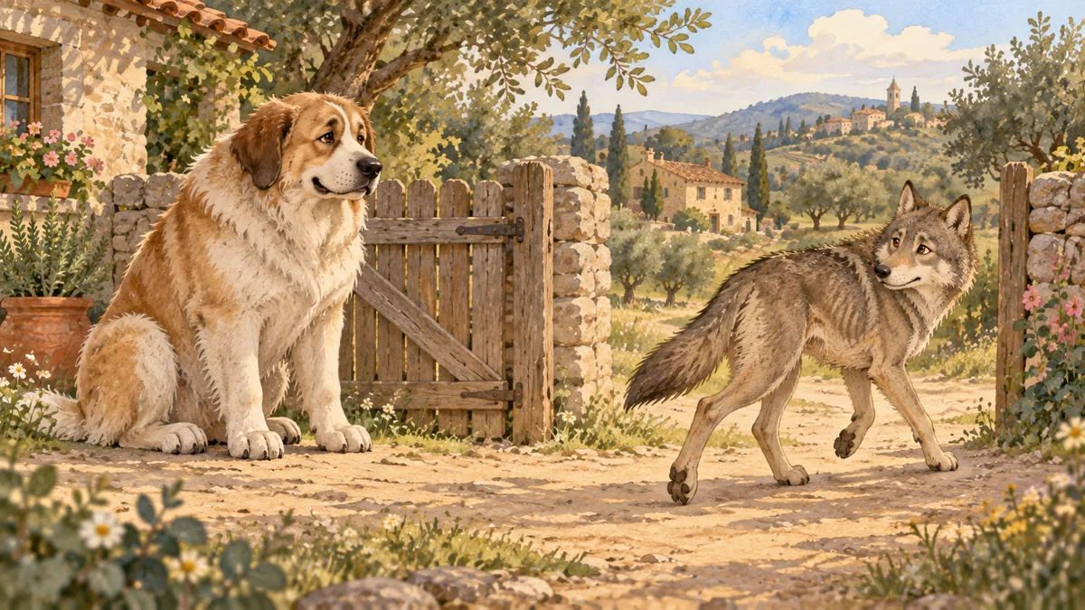 Kocaman bir bekçi köpeği çiftlik kapısının yanında otururken, zayıf kurt sıvışıp gider.