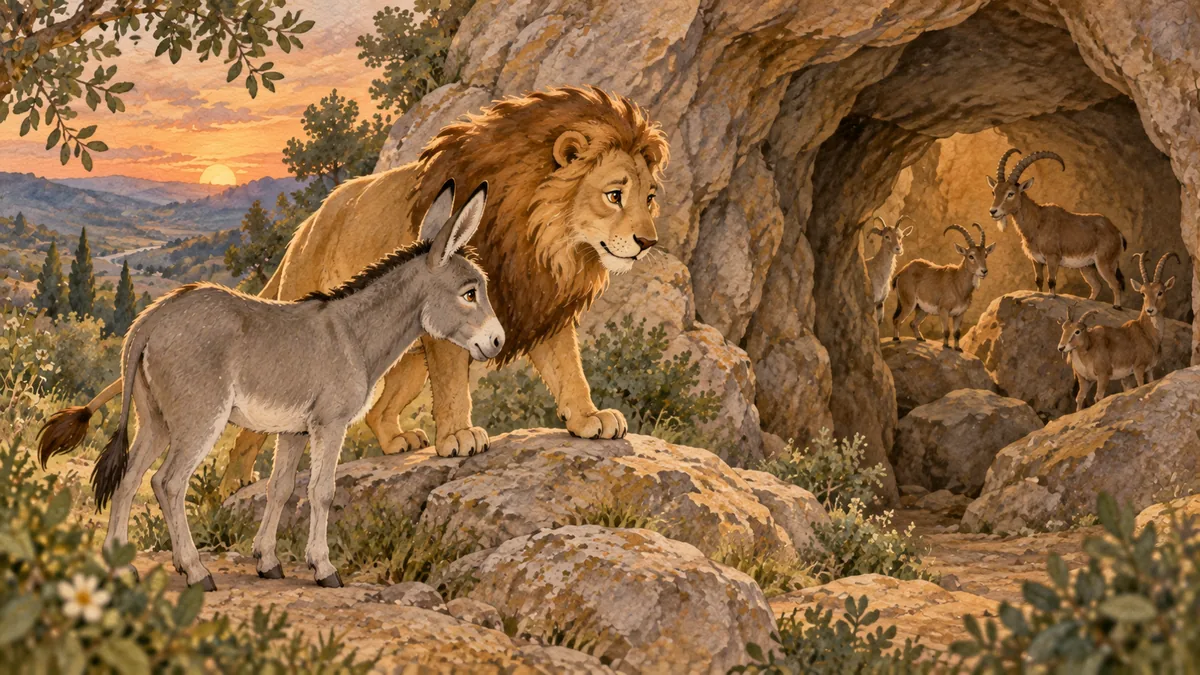 Un león y un asno están a la entrada de una cueva donde se refugian cabras salvajes.