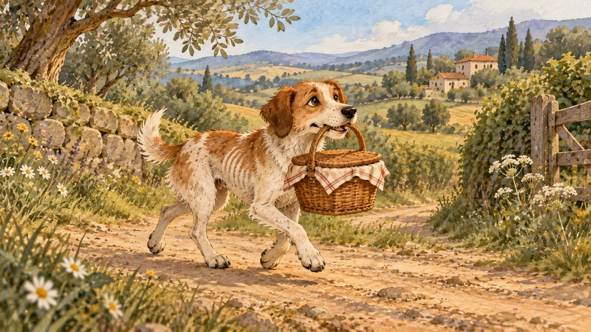 Un perro fiel trota por un camino rural llevando en la boca una cesta de comida tapada.