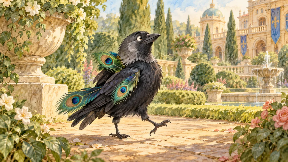 Una grajilla negra con plumas de pavo real prestadas se pavonea por un magnífico jardín palaciego.