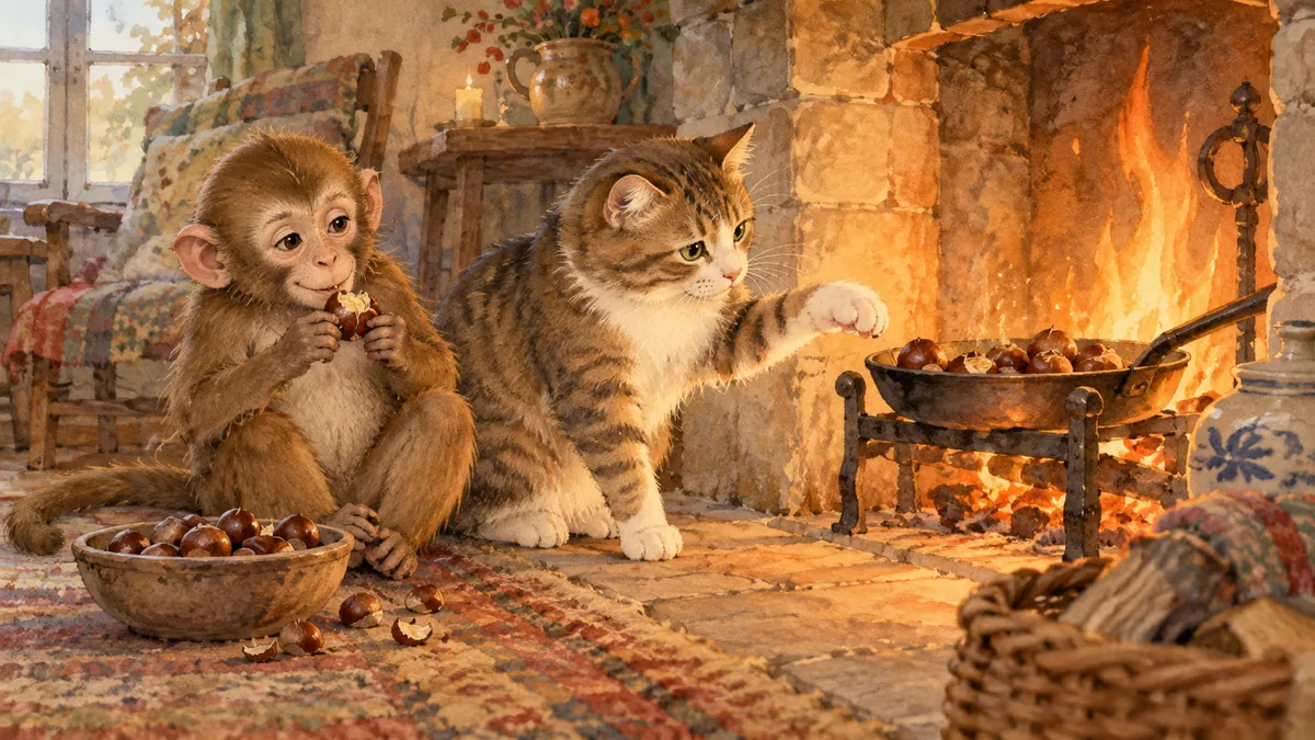 Junto al hogar, un gato extiende la pata hacia el fuego para sacar castañas asadas mientras un mono se come una al lado.
