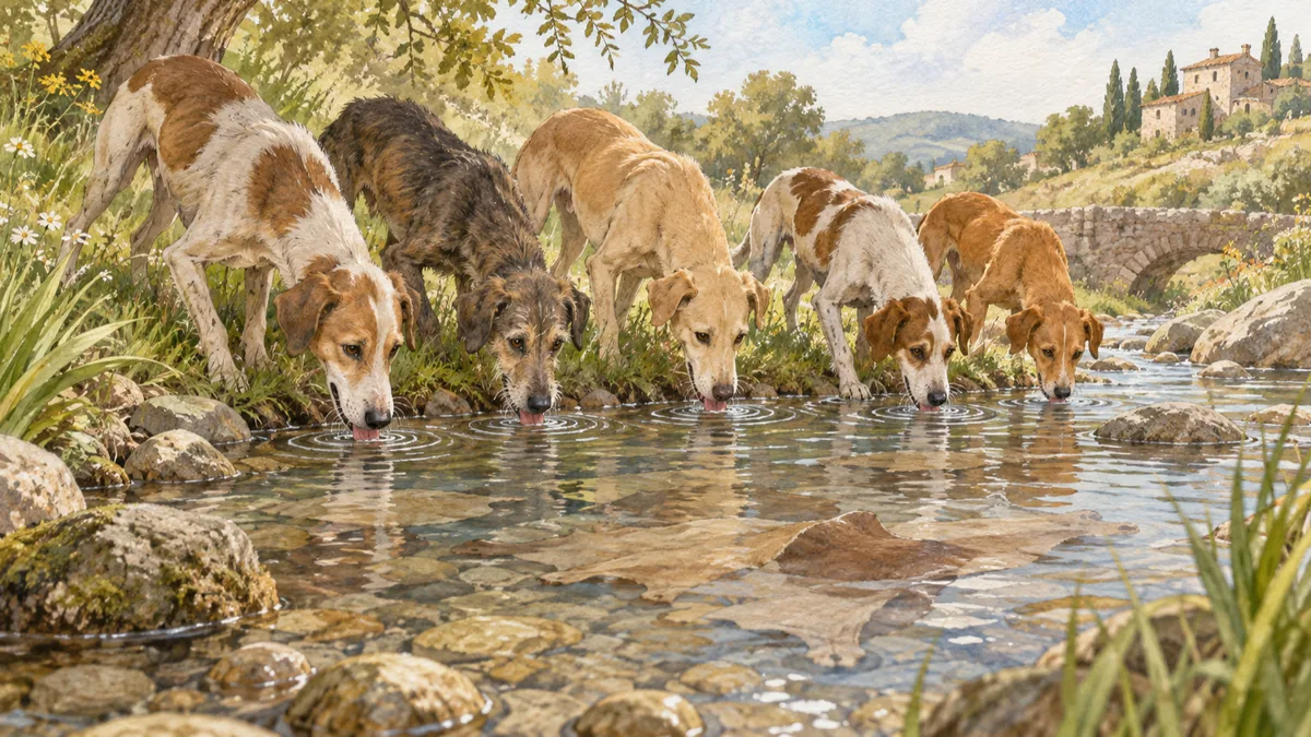 Alcuni cani affamati sulla riva di un ruscello guardano delle pelli a mollo sott'acqua.