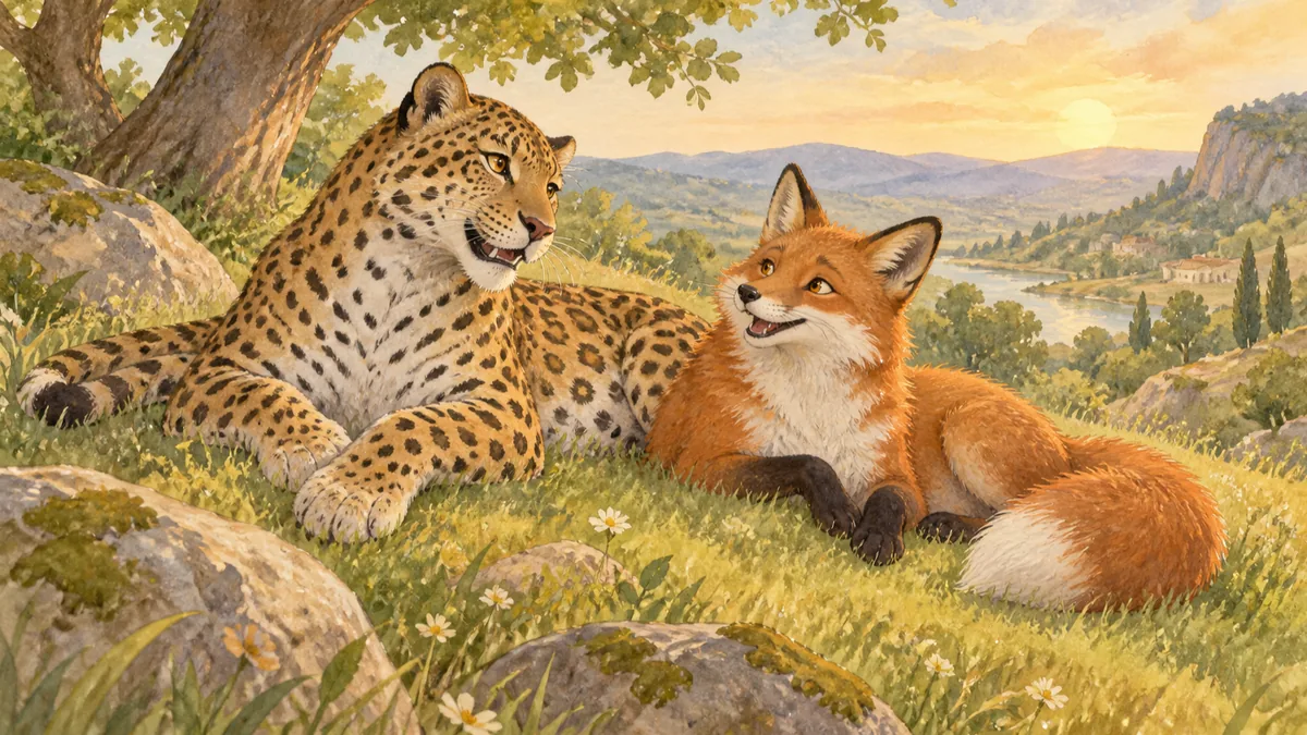 Benekli bir leopar ile gür kuyruklu bir tilki çimende uzanmış hafifçe atışıyor.