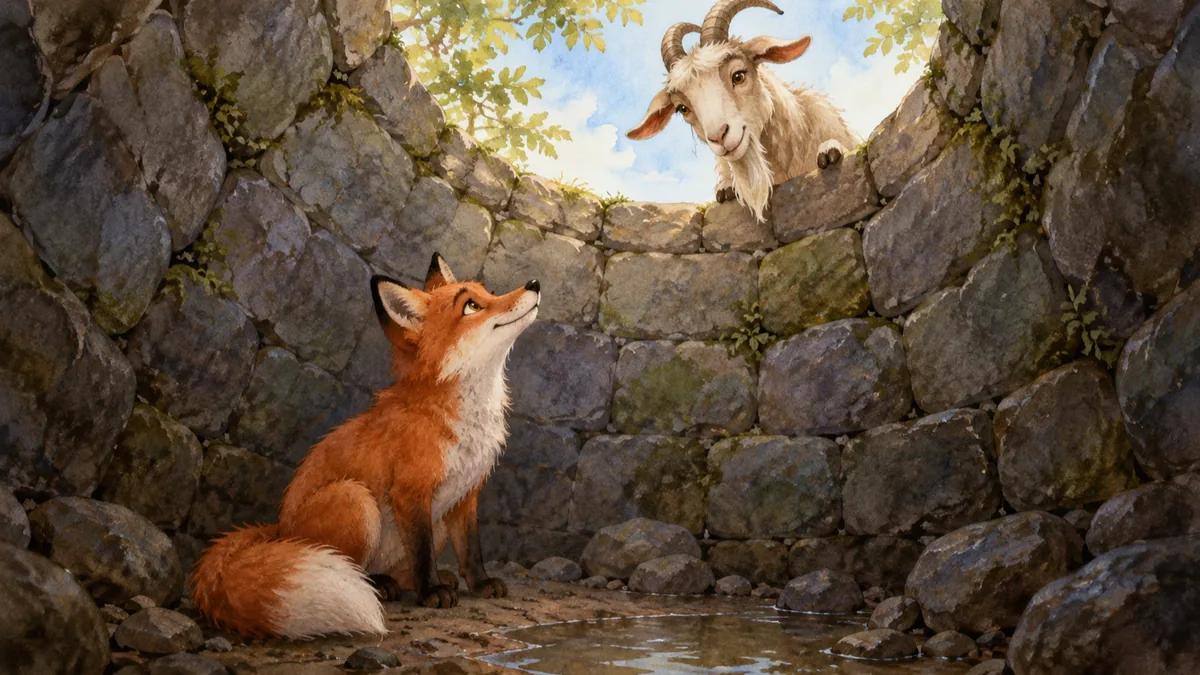 Ein Fuchs am Grund eines Steinbrunnens blickt zu einer Ziege hinauf, die über den Rand späht.