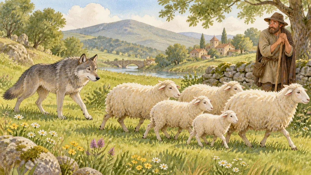 Ein Wolf geht ruhig durch eine Schafherde, während ein Hirte im Hintergrund besorgt zusieht.