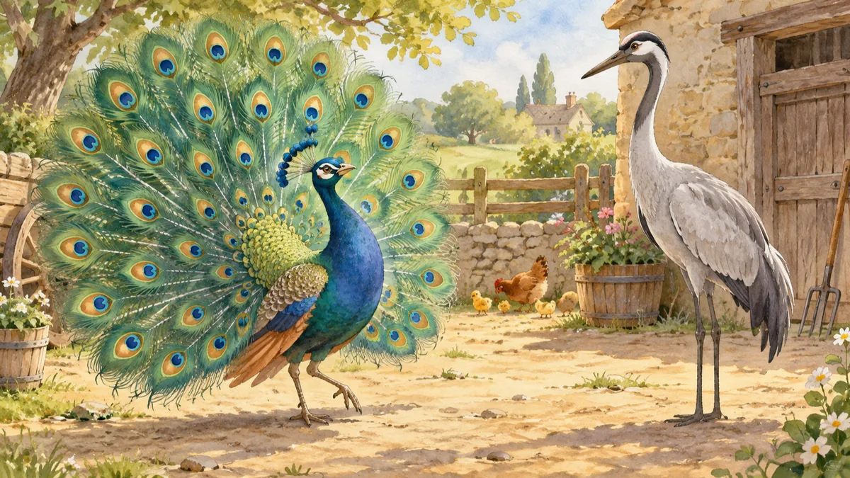 Ein Pfau schlägt in der Sonne sein prächtiges Rad, um einen großen grauen Kranich zu beeindrucken.
