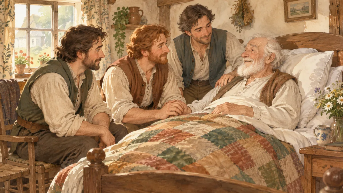 Ein alter Bauer liegt im Bett und spricht zu seinen drei erwachsenen Söhnen an seinem Bett.