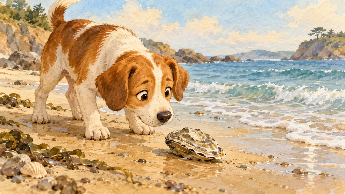 Un cane su una spiaggia sabbiosa fissa incuriosito un'ostrica chiusa vicino alle onde.