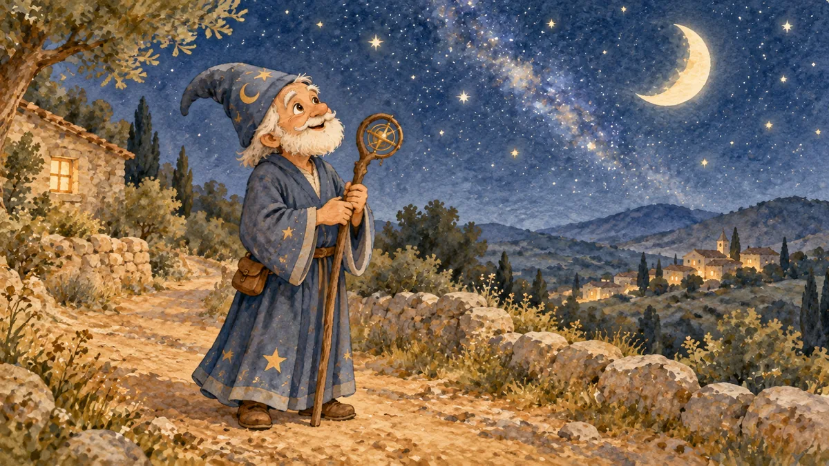 Un astrologo con un cappello a punta sta su una strada di notte guardando il cielo stellato.
