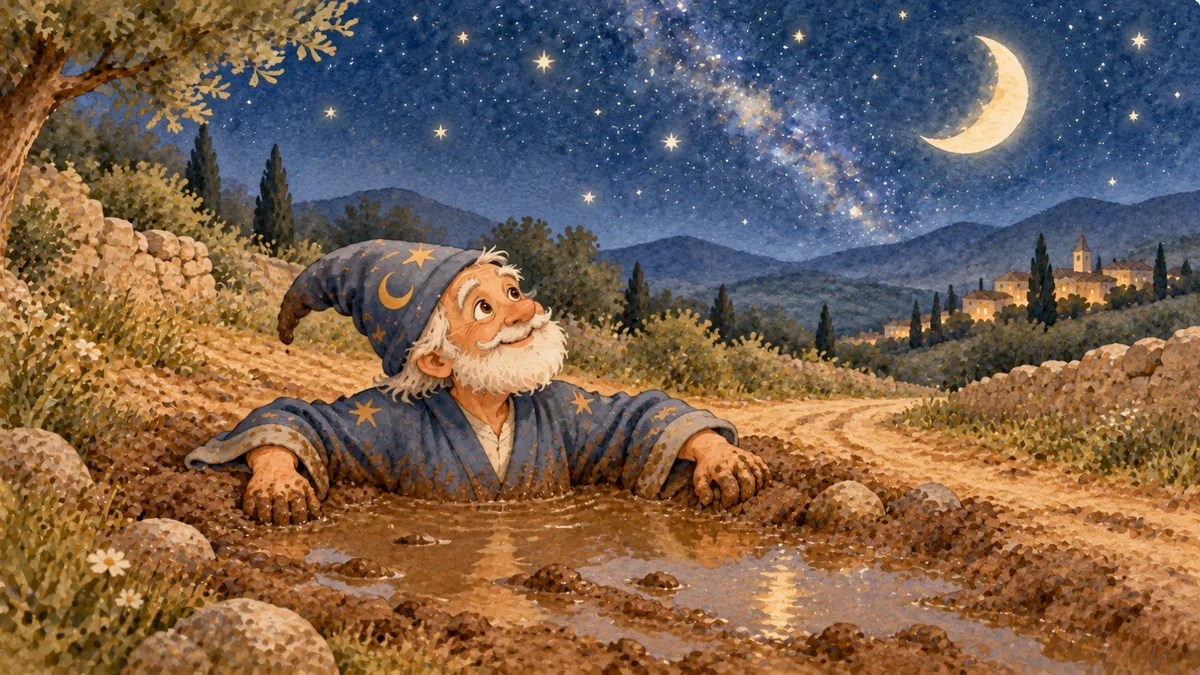 L'astrologo è bloccato fino al petto in una pozza fangosa lungo la strada sotto le stelle.