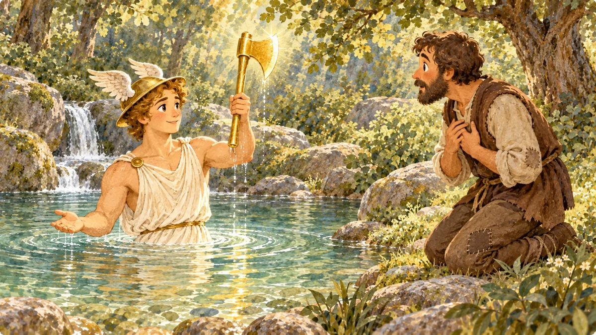 Merkur mit Flügelhut steigt mit einer goldenen Axt aus einem Teich, während ein ehrlicher Holzfäller am Ufer kniet.
