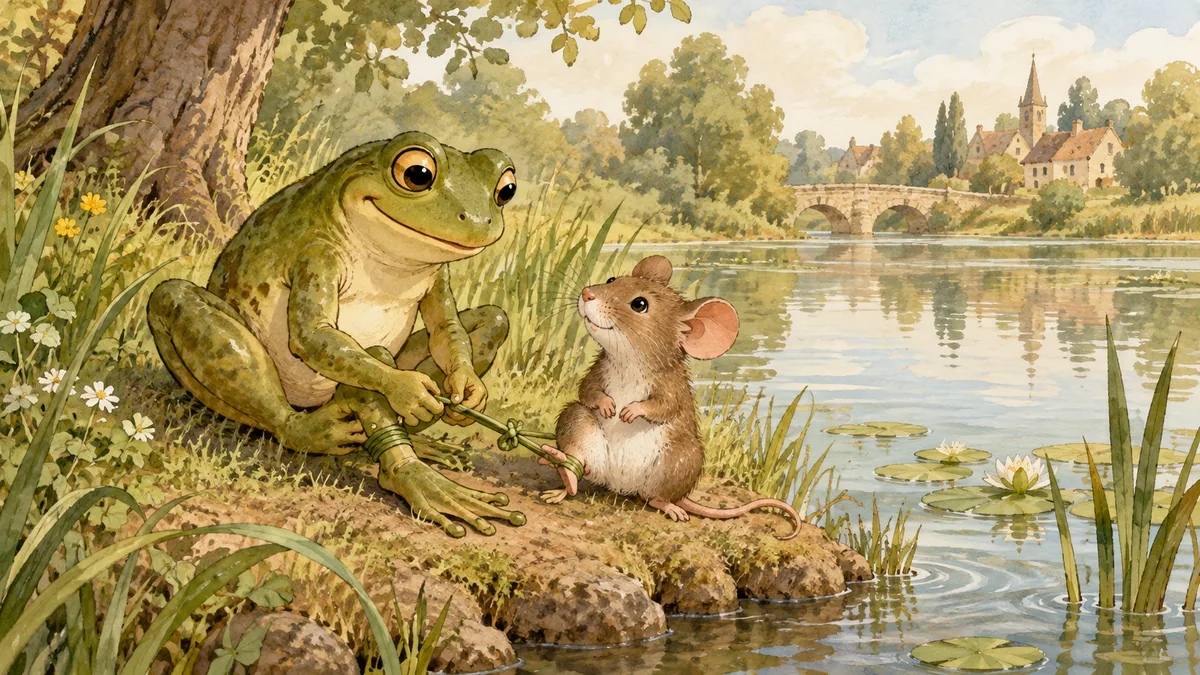 Ein Frosch bindet mit einem Schilfhalm sein Bein an das Bein einer kleinen Maus am Teichrand.