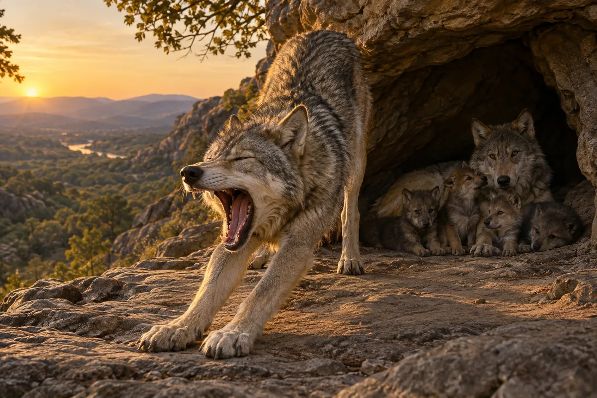 Ein grauer Wolf streckt sich gähnend vor einer Felshöhle im Abendrot, während drinnen eine Wölfin mit vier Welpen ruht.
