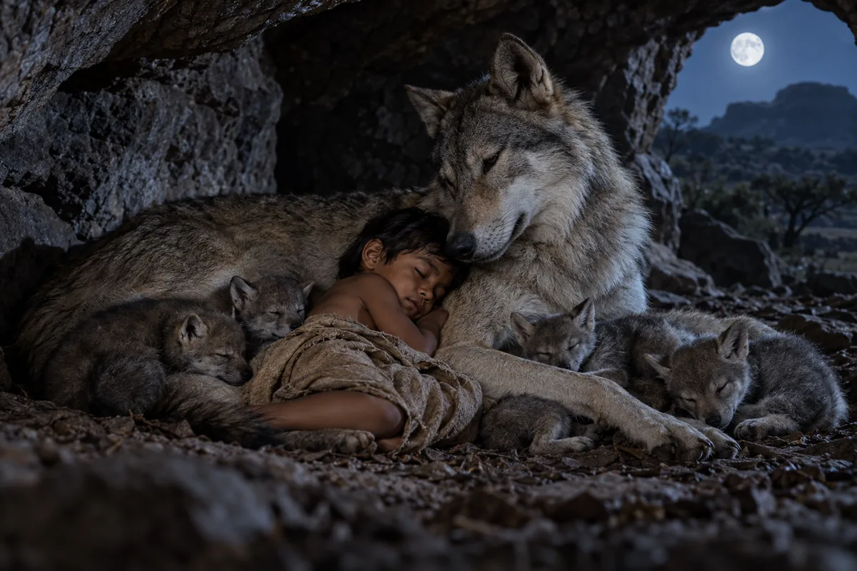 Ein kleiner Junge schläft zusammengerollt zwischen Wolfswelpen an der Flanke einer sanften Wölfin in einer mondbeschienenen Höhle.