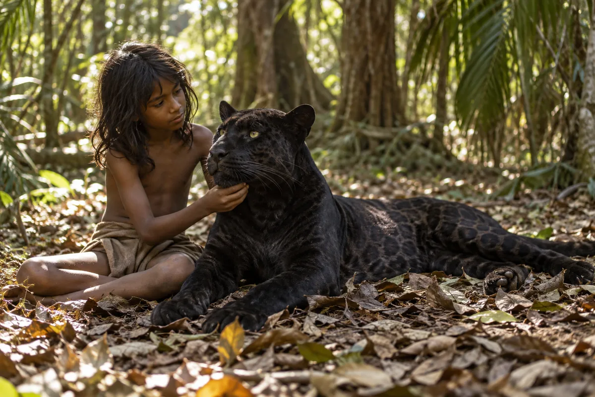 Mowgli sitzt auf dem Waldboden und berührt das Kinn von Baghira, der ausgestreckt neben ihm liegt.