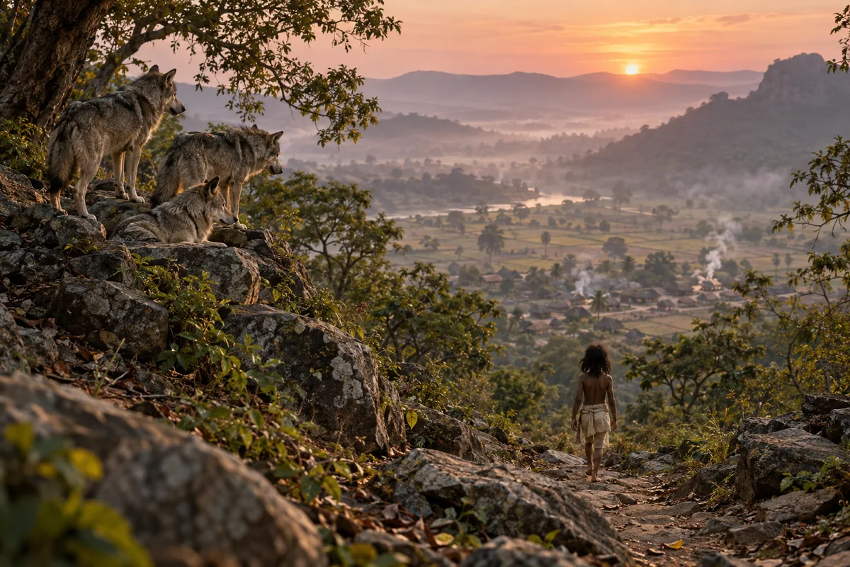 Bei Sonnenaufgang geht Mowgli allein einen felsigen Hang hinab auf ein Dorf im Tal zu, während Wölfe ihm von oben nachsehen.