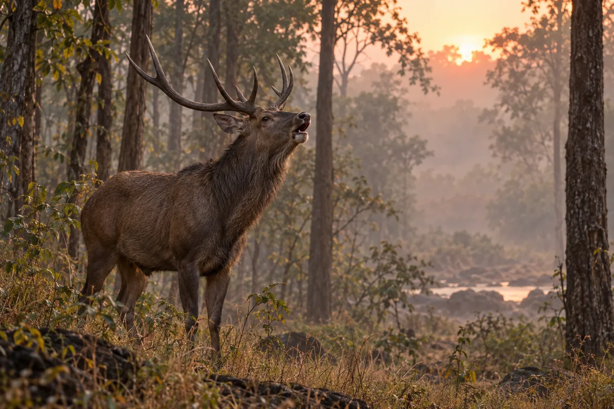 Ein Sambarhirsch mit breitem Geweih röhrt im Morgengrauen in einem nebligen Salwald.